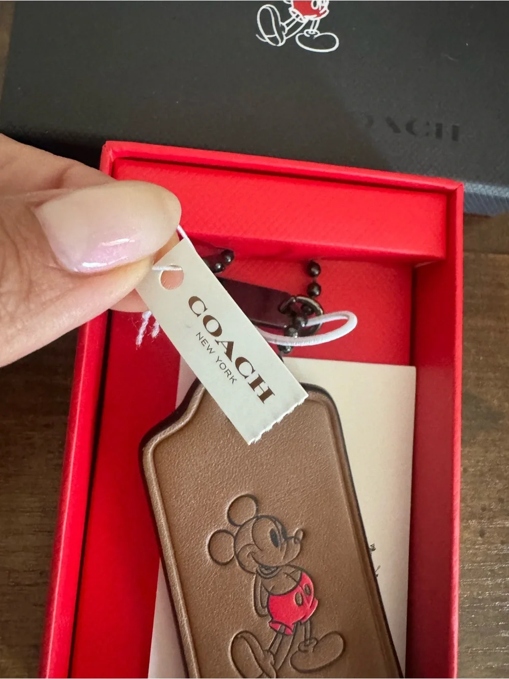 Coach Brown Leather Mickey Mouse Luggage Tag with Red Accents